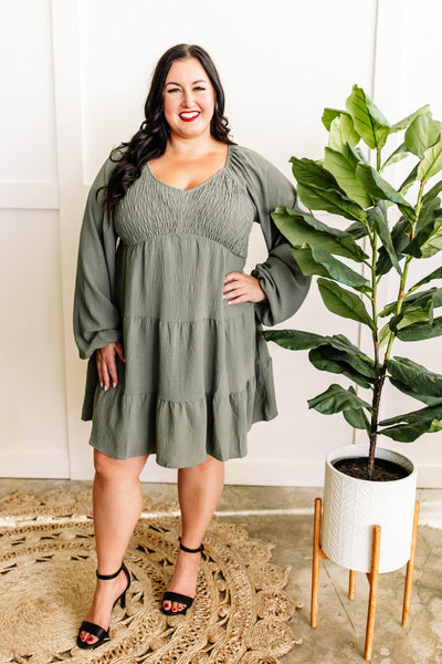 Tiered Smocked Dress With Balloon Sleeves In Olive