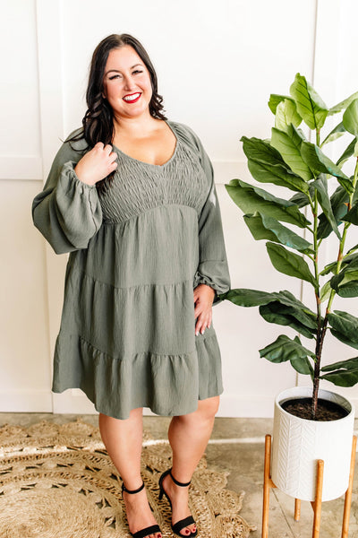 Tiered Smocked Dress With Balloon Sleeves In Olive