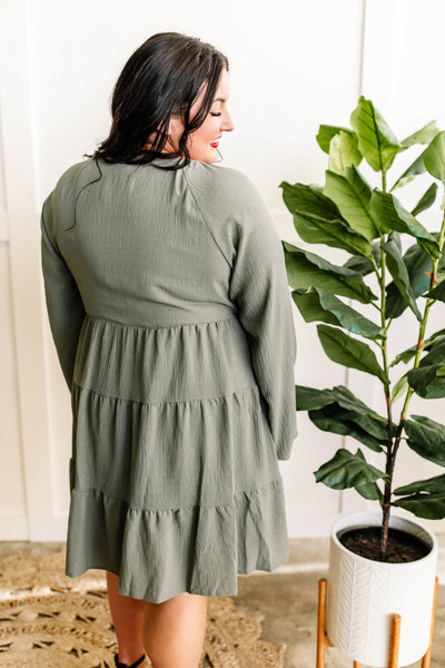 Tiered Smocked Dress With Balloon Sleeves In Olive