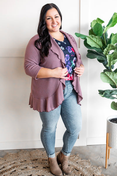 12.13 Open Front Ruffle Cardigan In Amethyst