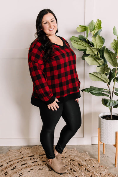 V Neck Long Sleeve Knit Top In Red Buffalo Plaid