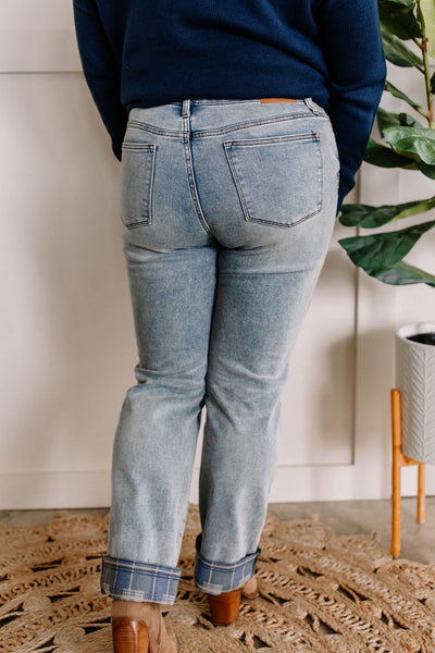 Plaid Cuffed Light Wash Straight Leg Judy Blue Jeans