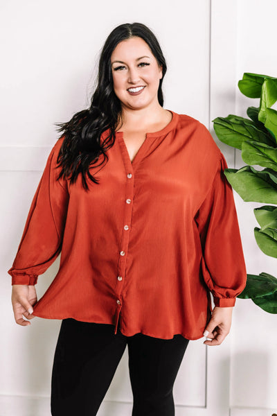 Long Sleeve Button Front Blouse In Amber
