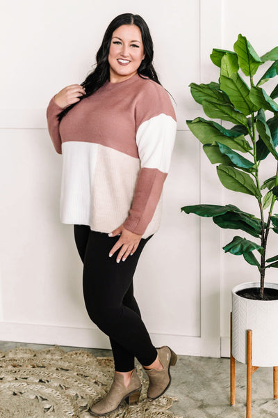 Color Block Knit Sweater In Mauve, Taupe & White