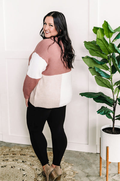 Color Block Knit Sweater In Mauve, Taupe & White