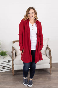 Claire Hooded Waffle Cardigan - Red IN STORE