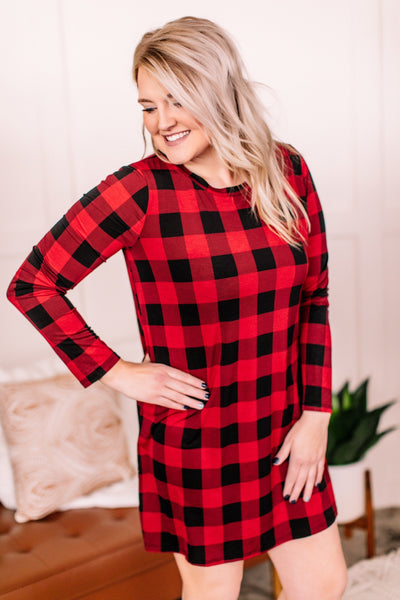 OUTLET - Check, Baby Check Long Sleeve Plaid Dress in Red + Black - Large