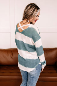 OUTLET - Teal Good Factor Stripe Criss Cross Back Sweater - Large