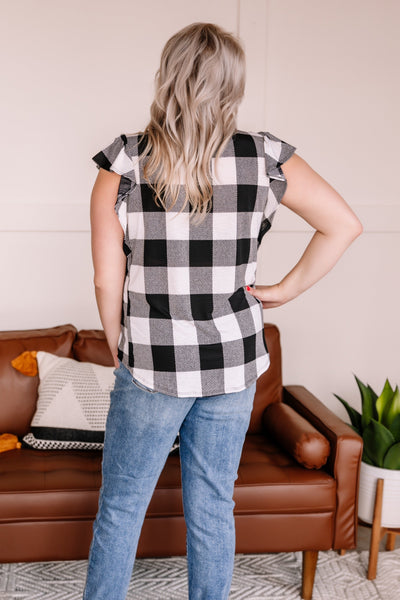 Let Me Check Black and White Plaid Ruffle Sleeve Top