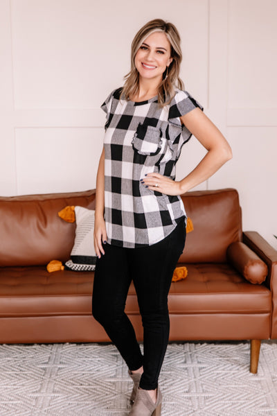 OUTLET - Let Me Check Black and White Plaid Ruffle Top - Large