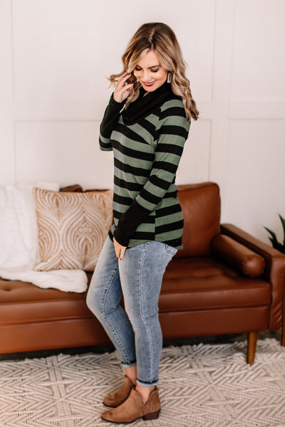 OUTLET - Come Fall With Us Striped Cowl Neck Sweater - Large
