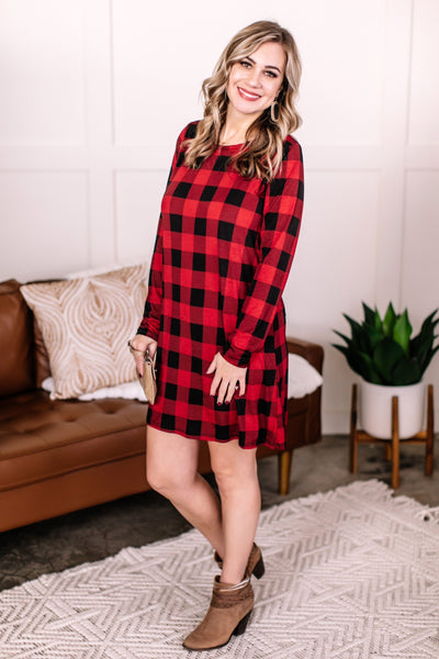 OUTLET - Check, Baby Check Long Sleeve Plaid Dress in Red + Black - Large