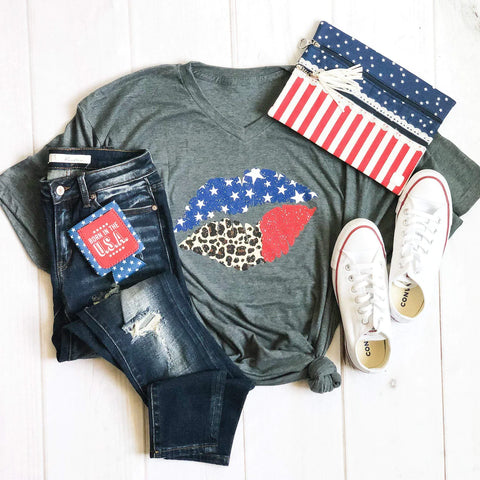 American Flag Leopard Lips Soft Graphic Tee
