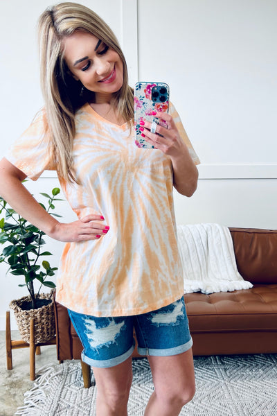 You Spin Me Round Spiral V Neck Tee in Orange Cream*