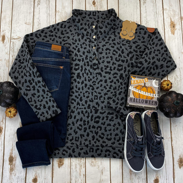 IN STOCK Button Snap Pullover - Charcoal Sparkle Leopard FINAL SALE