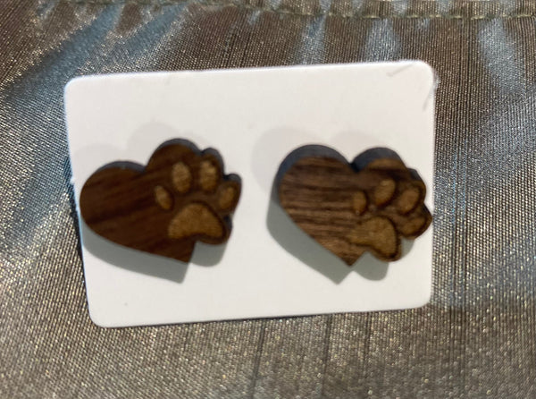Heart Paw Wood Stud Earrings
