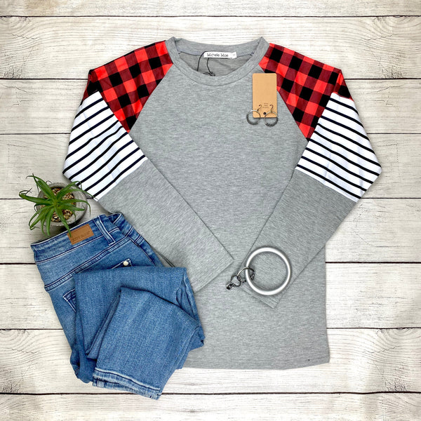 IN STOCK Accent Sleeve Long Sleeve - Grey and Buffalo Plaid