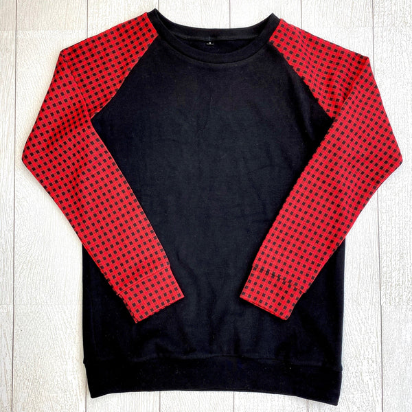 Red and Black Plaid Sleeve Pullover IN STORE