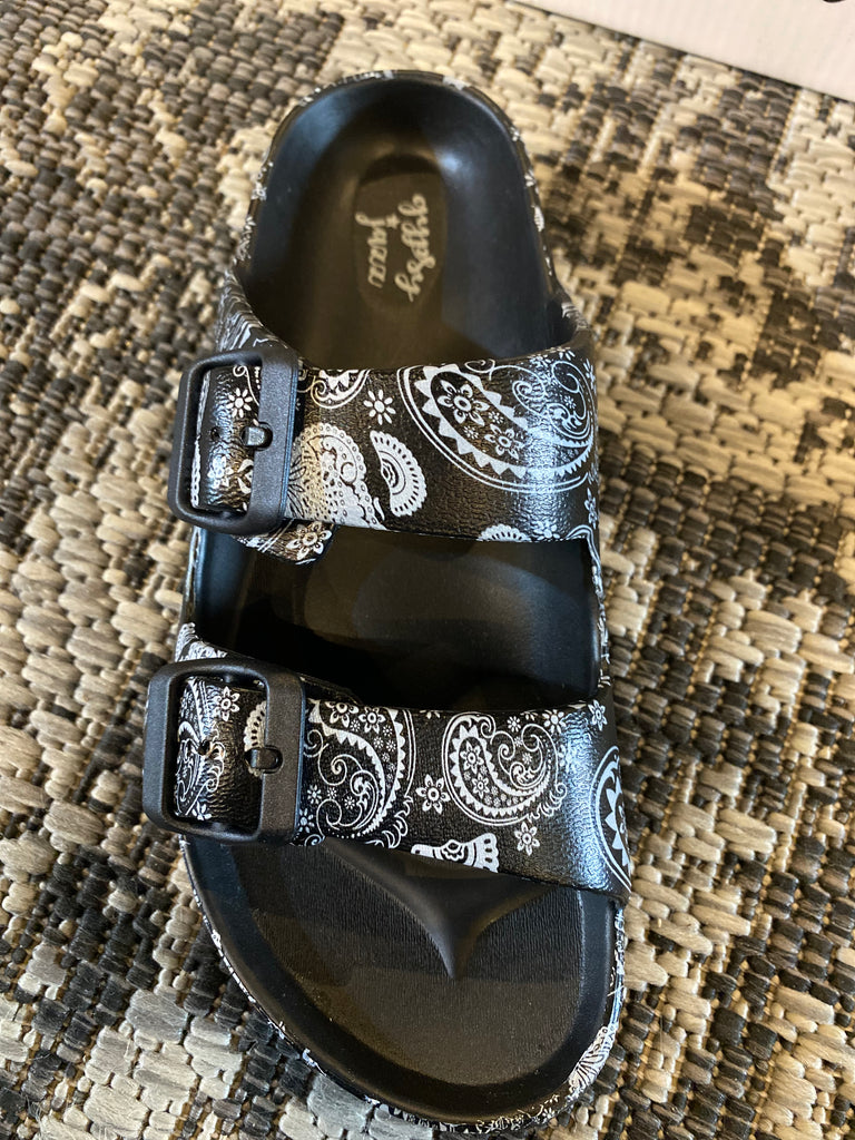 Very G gypsy jazz Mamma Mia black white paisley slip on sandal Perfectly Paisley Boutique