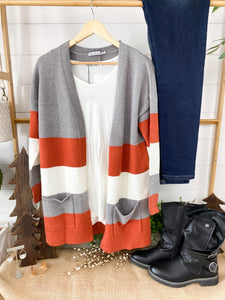 IN STOCK Sweater Cardigan - Rust and Ivory Stripe